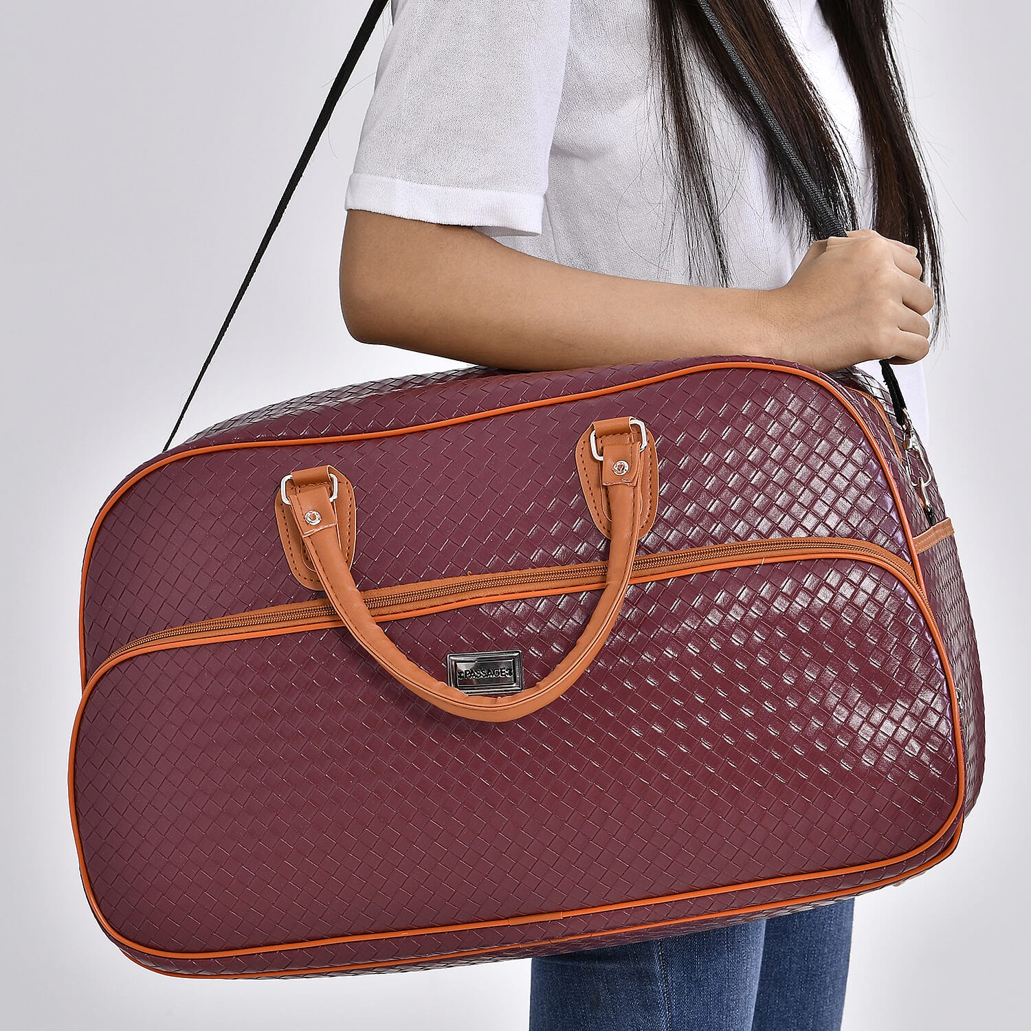 Passage Leatherette Woven Pattern Travel Croosbody Bag with Handle Drop - Burgundy