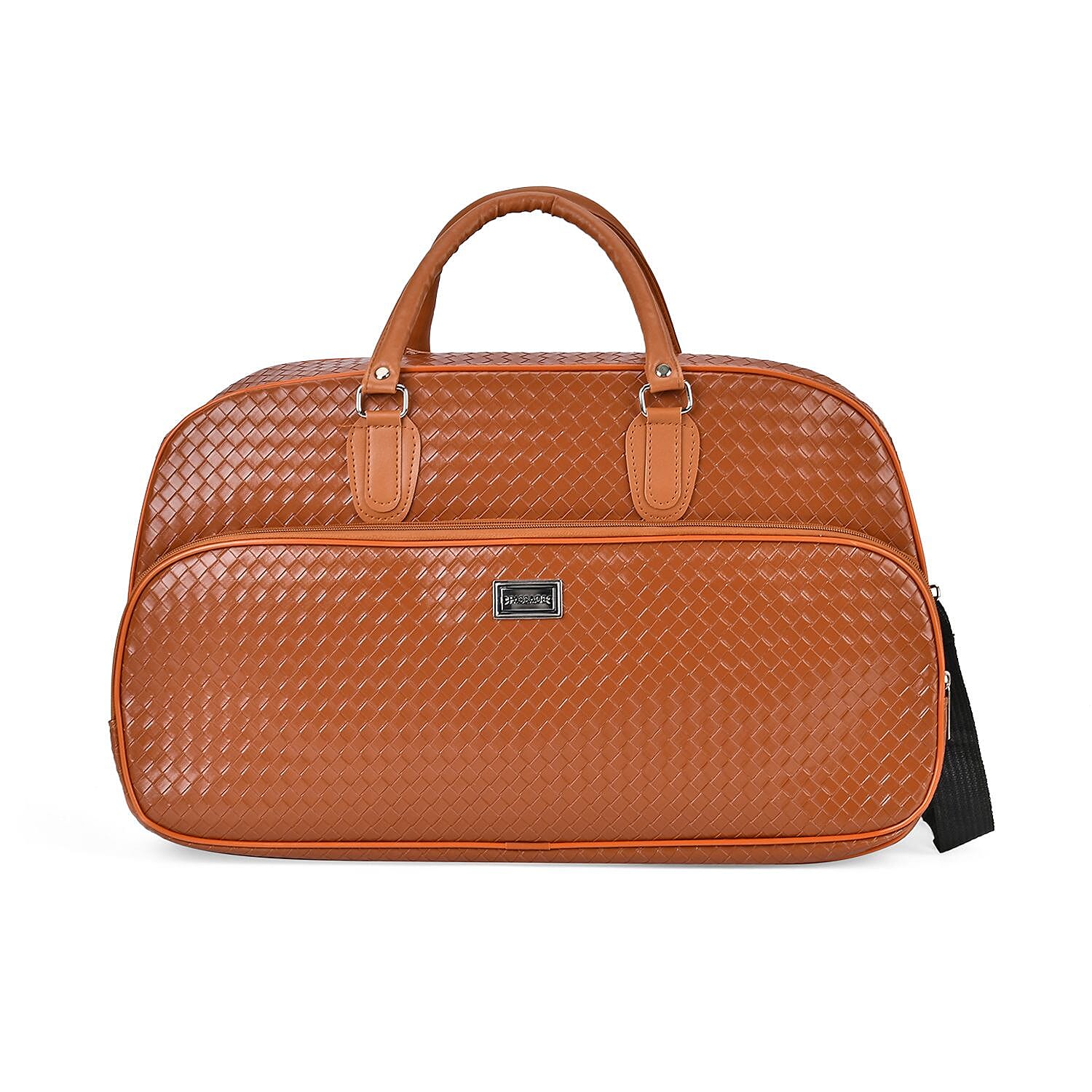 Passage Leatherette Woven Pattern Travel Crossbody Bag with Handle Drop - Tan