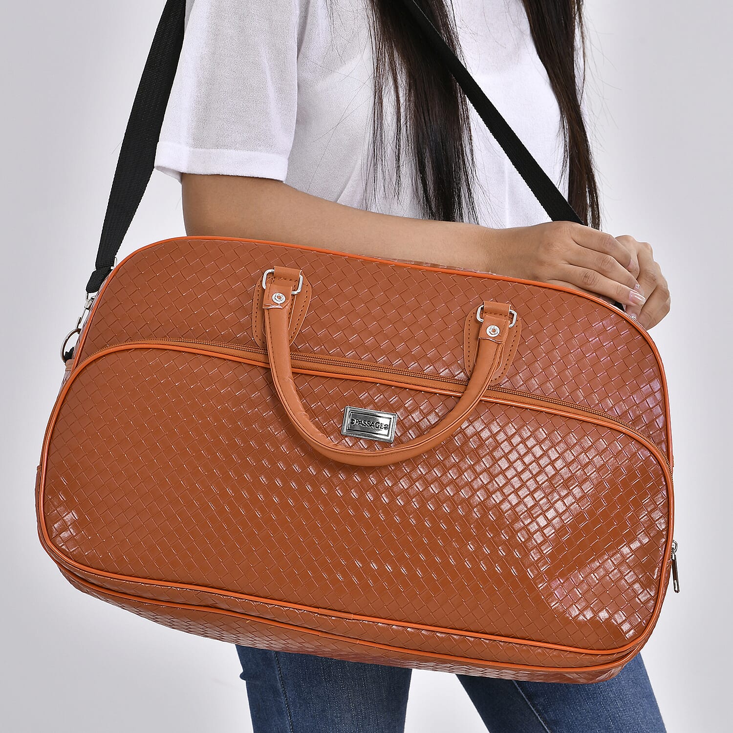 Passage Leatherette Woven Pattern Travel Crossbody Bag with Handle Drop - Tan