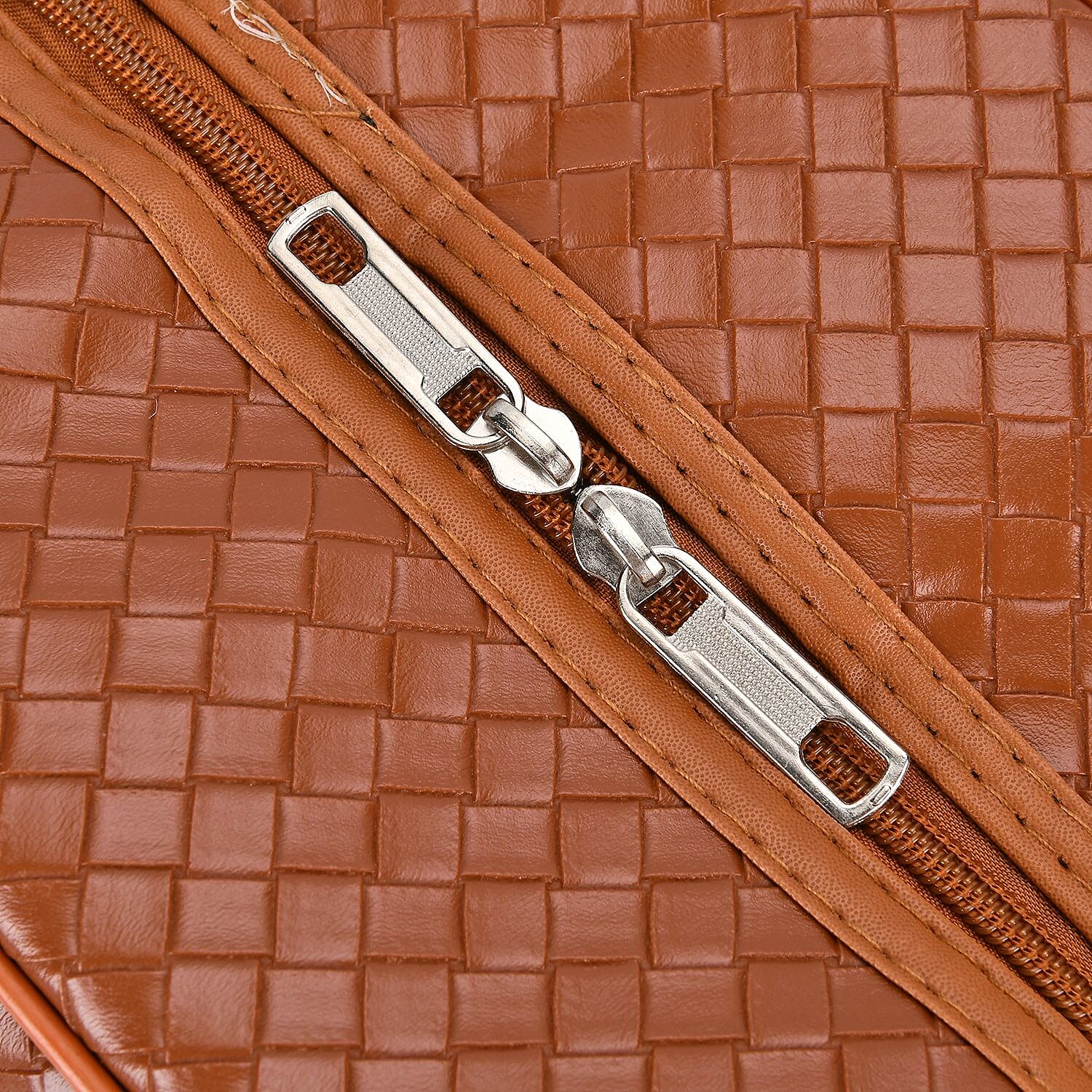 Passage Leatherette Woven Pattern Travel Crossbody Bag with Handle Drop - Tan