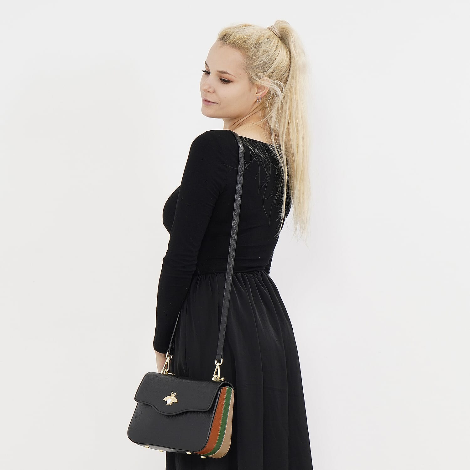 100% Genuine Leather Patterned Crossbody Bag - Black