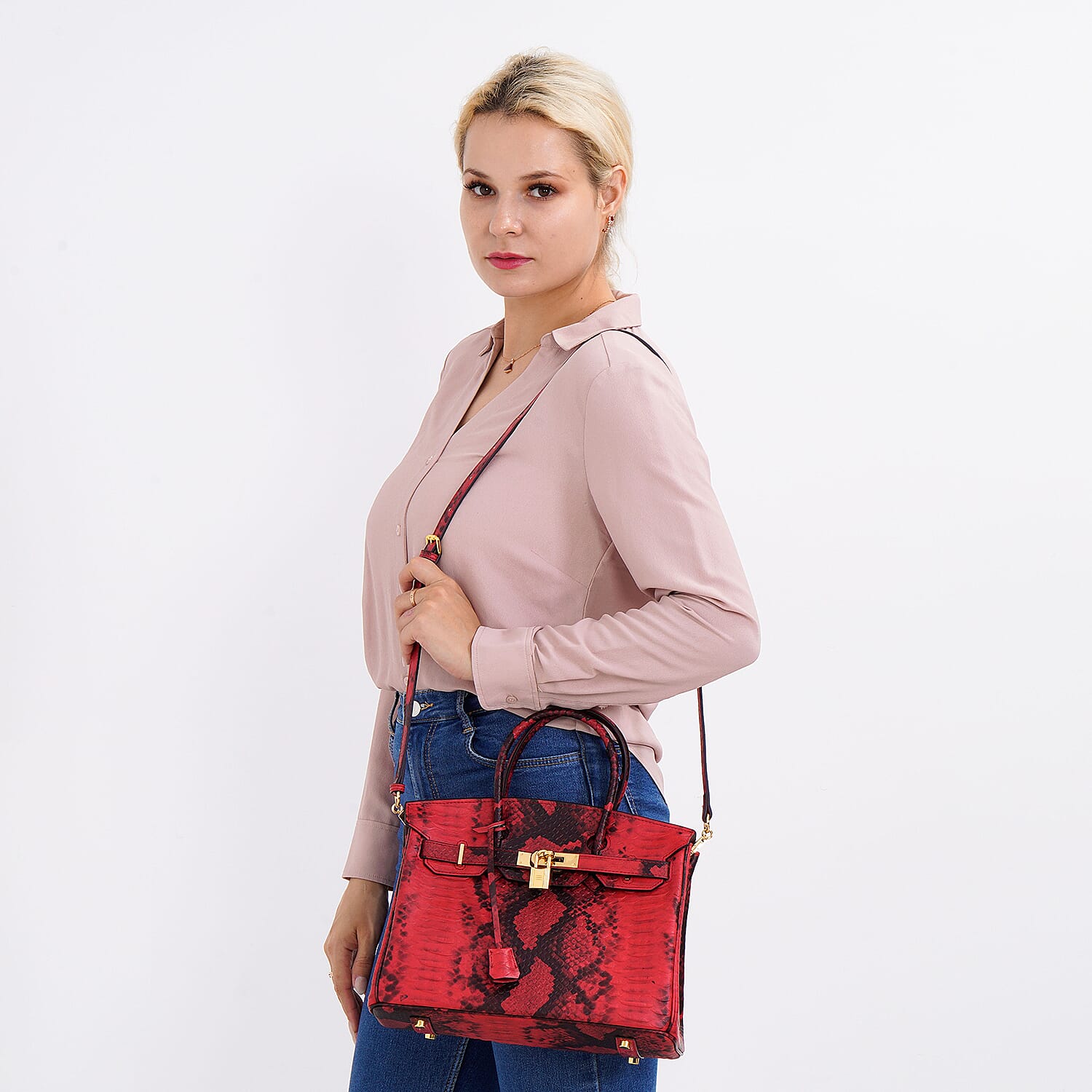 100% Genuine Leather Snakeskin Pattern Crossbody Bag - Red