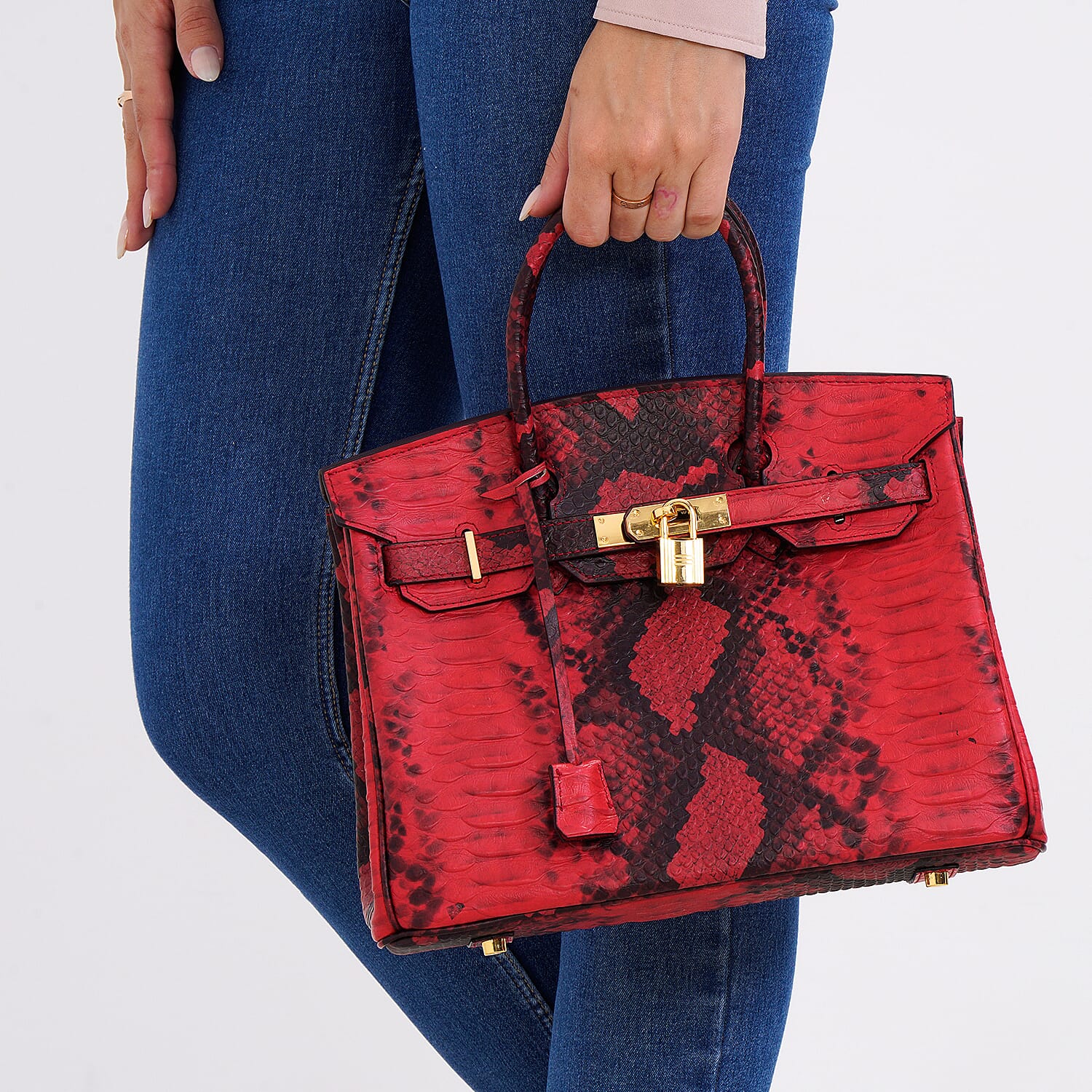 100% Genuine Leather Snakeskin Pattern Crossbody Bag - Red