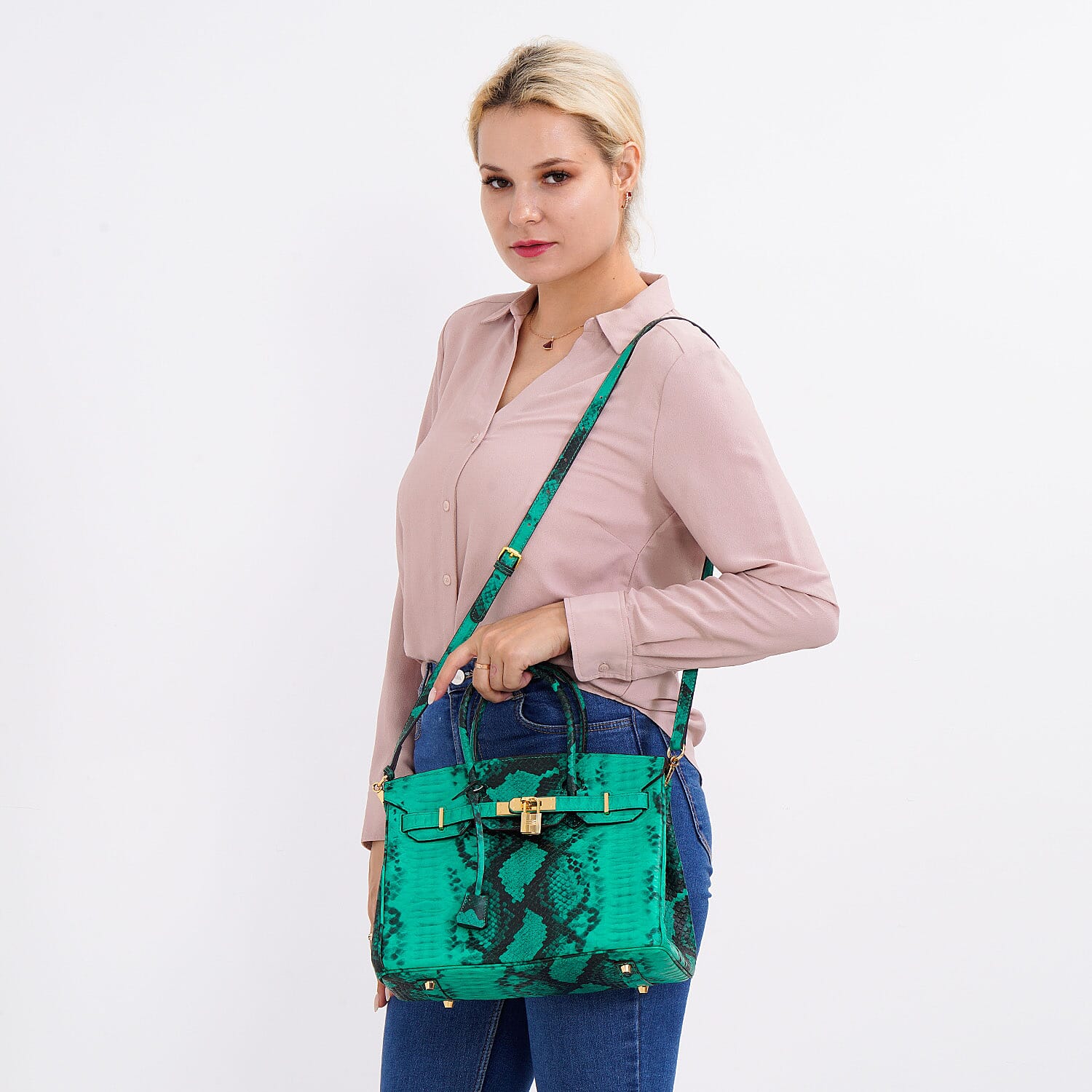 100% Genuine Leather Snakeskin Pattern Crossbody Bag - Green