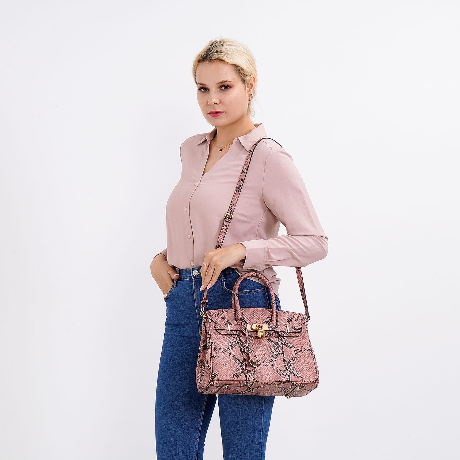 100% Genuine Leather Snakeskin Pattern Crossbody Bag - Pink