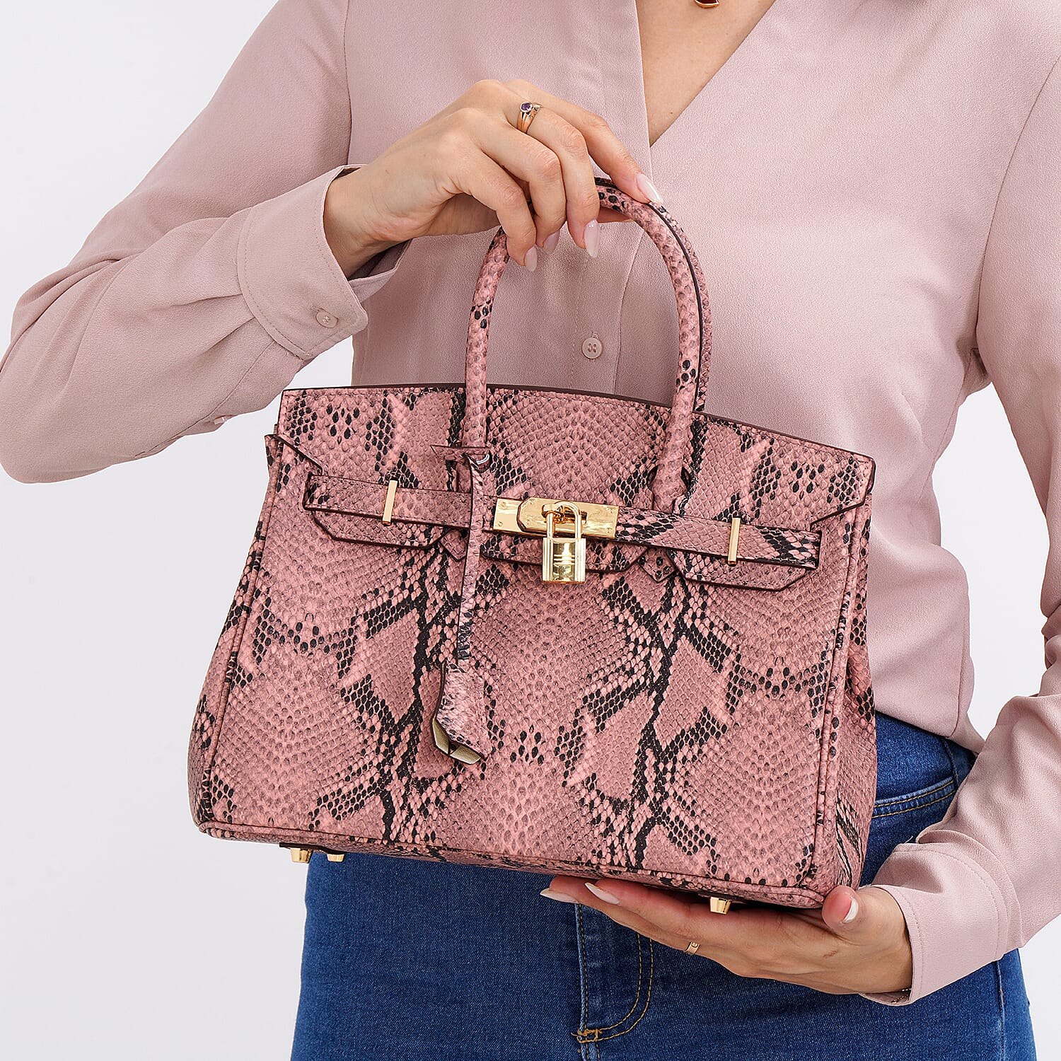 100% Genuine Leather Snakeskin Pattern Crossbody Bag - Pink