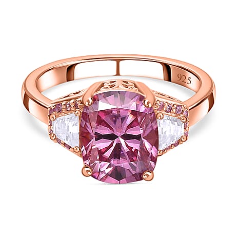 Pink and White Moissanite & Sapphire Ring in 18K Rose Gold Vermeil Plated Sterling Silver 3.53 Ct.