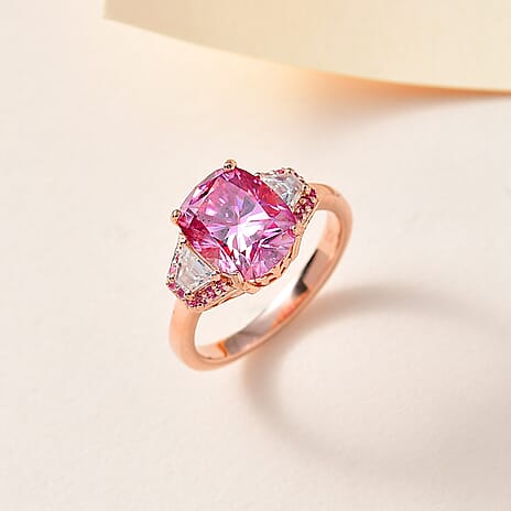 Pink and White Moissanite & Sapphire Ring in 18K Rose Gold Vermeil Plated Sterling Silver 3.53 Ct.