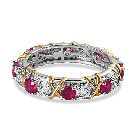 African Ruby & Moissanite XO Band Ring in 18K Yellow Gold Vermeil & Platinum Plated Sterling Silver 2.32 Ct.