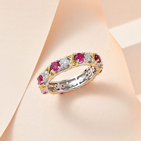 African Ruby & Moissanite XO Band Ring in 18K Yellow Gold Vermeil & Platinum Plated Sterling Silver 2.32 Ct.