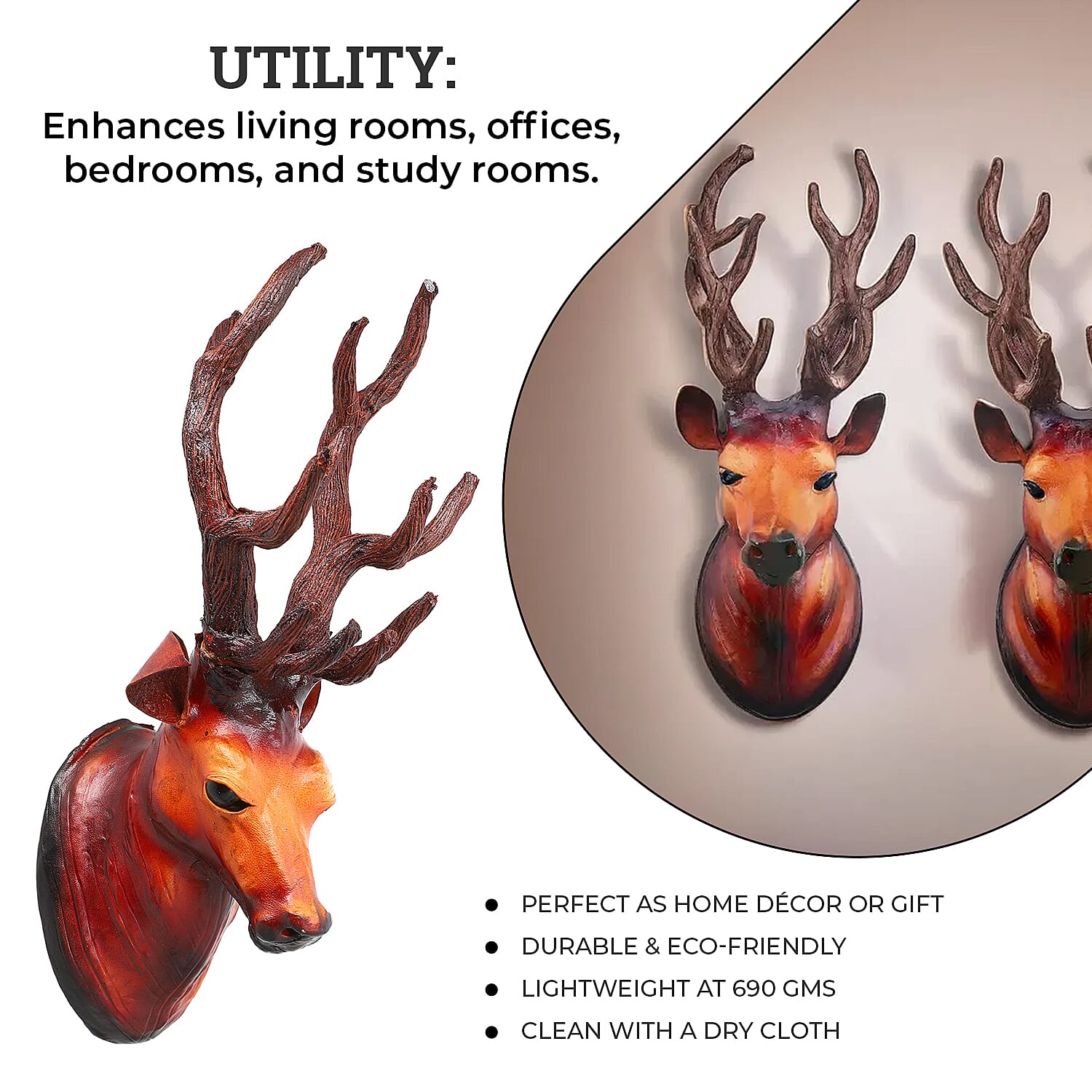 Boutique Collection - Set of 2 Genuine Leather Home Decor Stag Wall Hangings