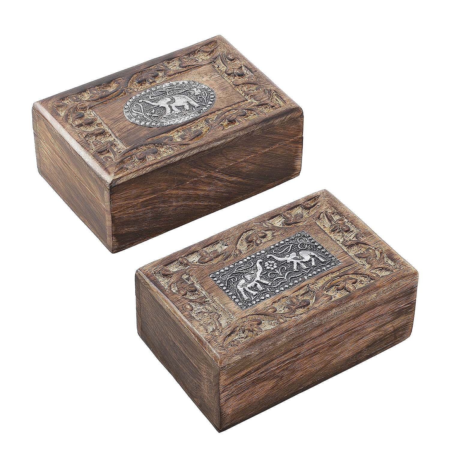 Set of 2 - Nakkashi Wooden Hand Carved Elephant Storage Box (Size 15x10x5 cm) - Natural Brown