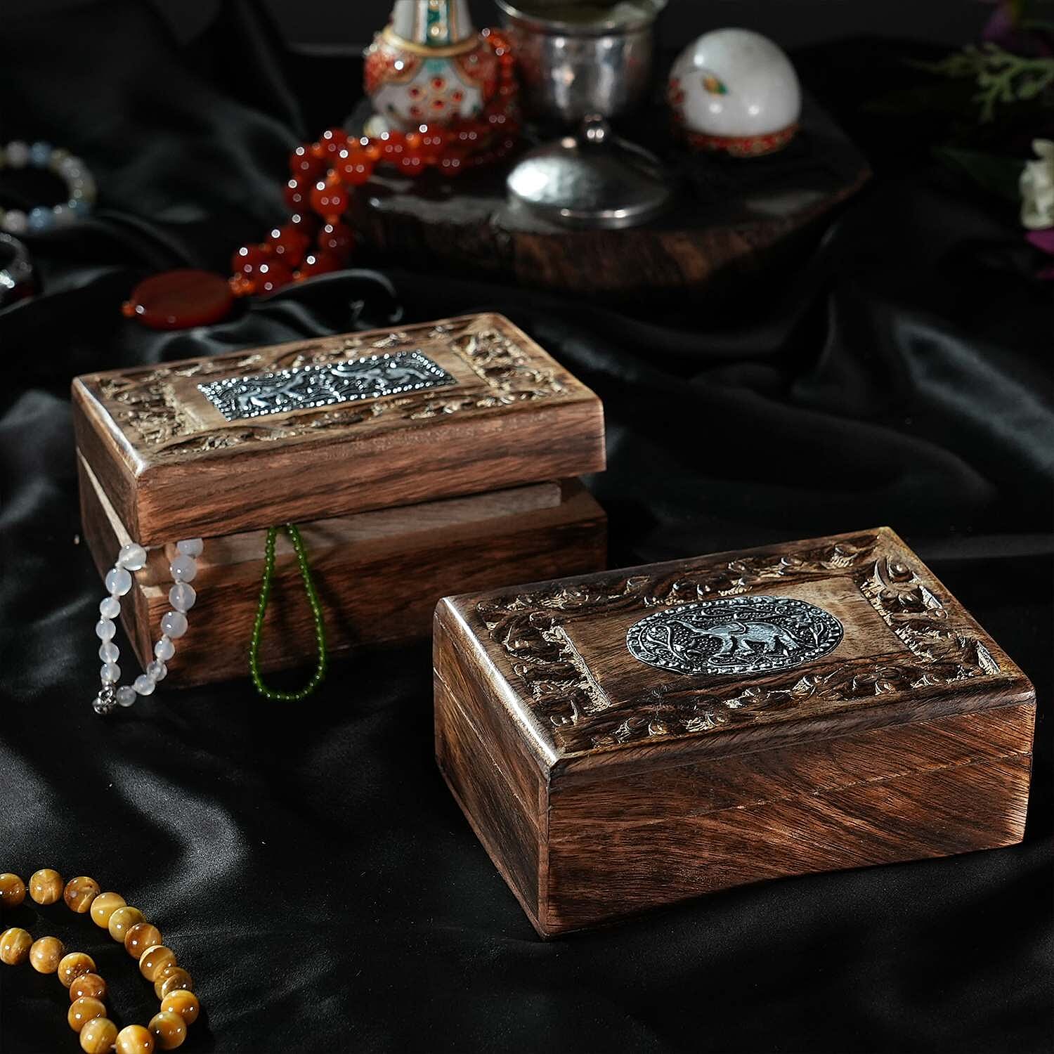 Set of 2 - Nakkashi Wooden Hand Carved Elephant Storage Box (Size 15x10x5 cm) - Natural Brown