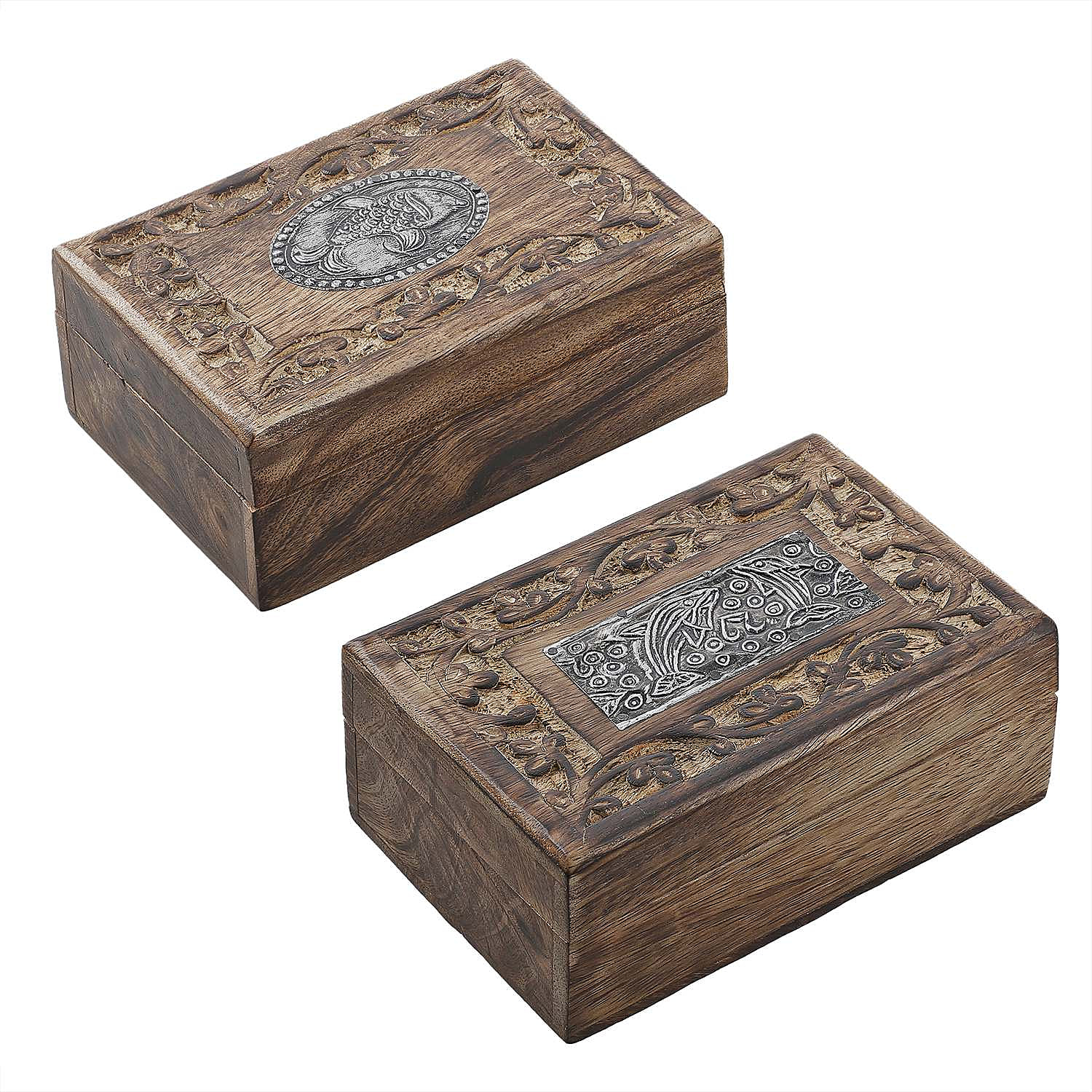 Set of 2 - Nakkashi Wooden Hand Carved Fish Storage Box (Size 15x10x5 cm) - Natural Brown