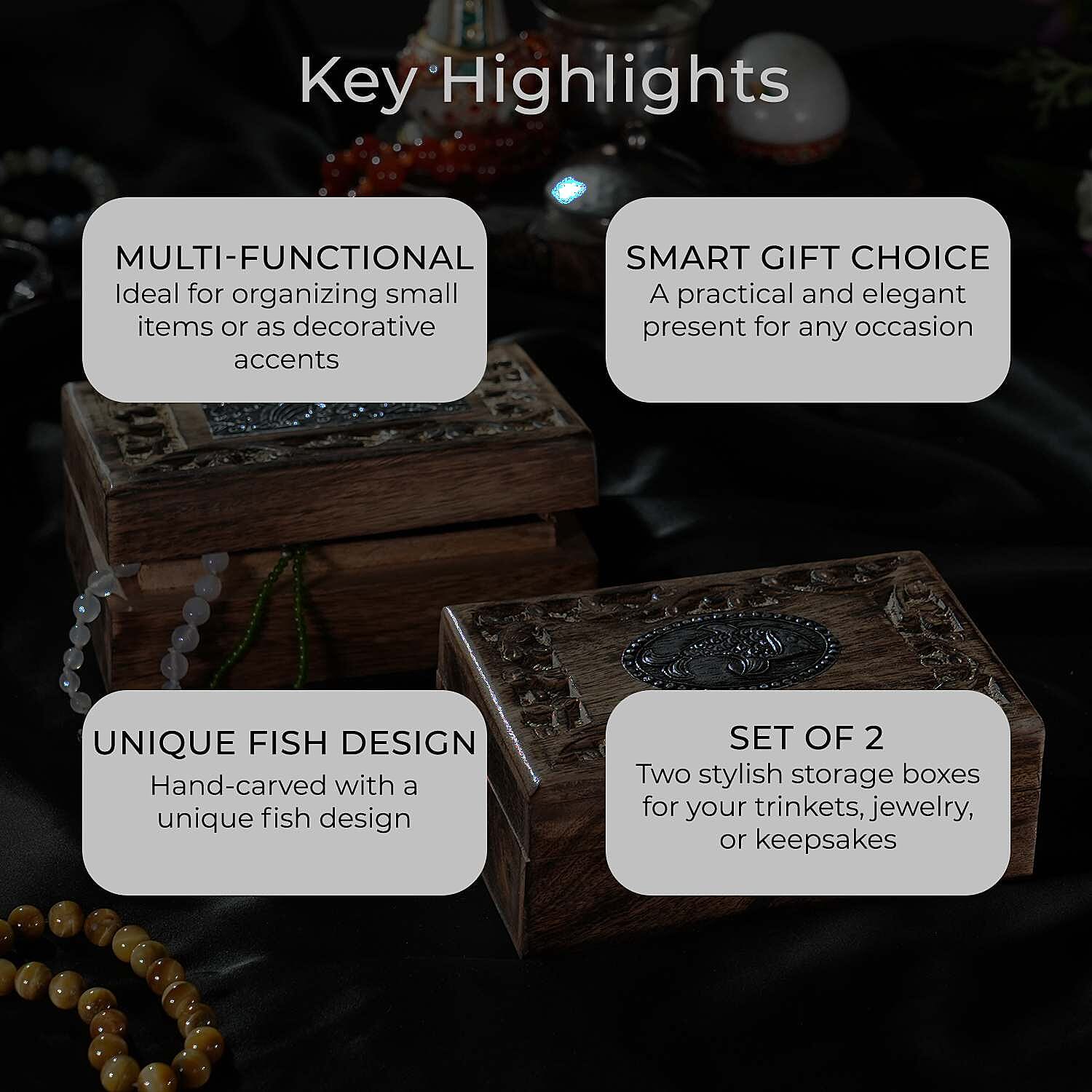 Set of 2 - Nakkashi Wooden Hand Carved Fish Storage Box (Size 15x10x5 cm) - Natural Brown