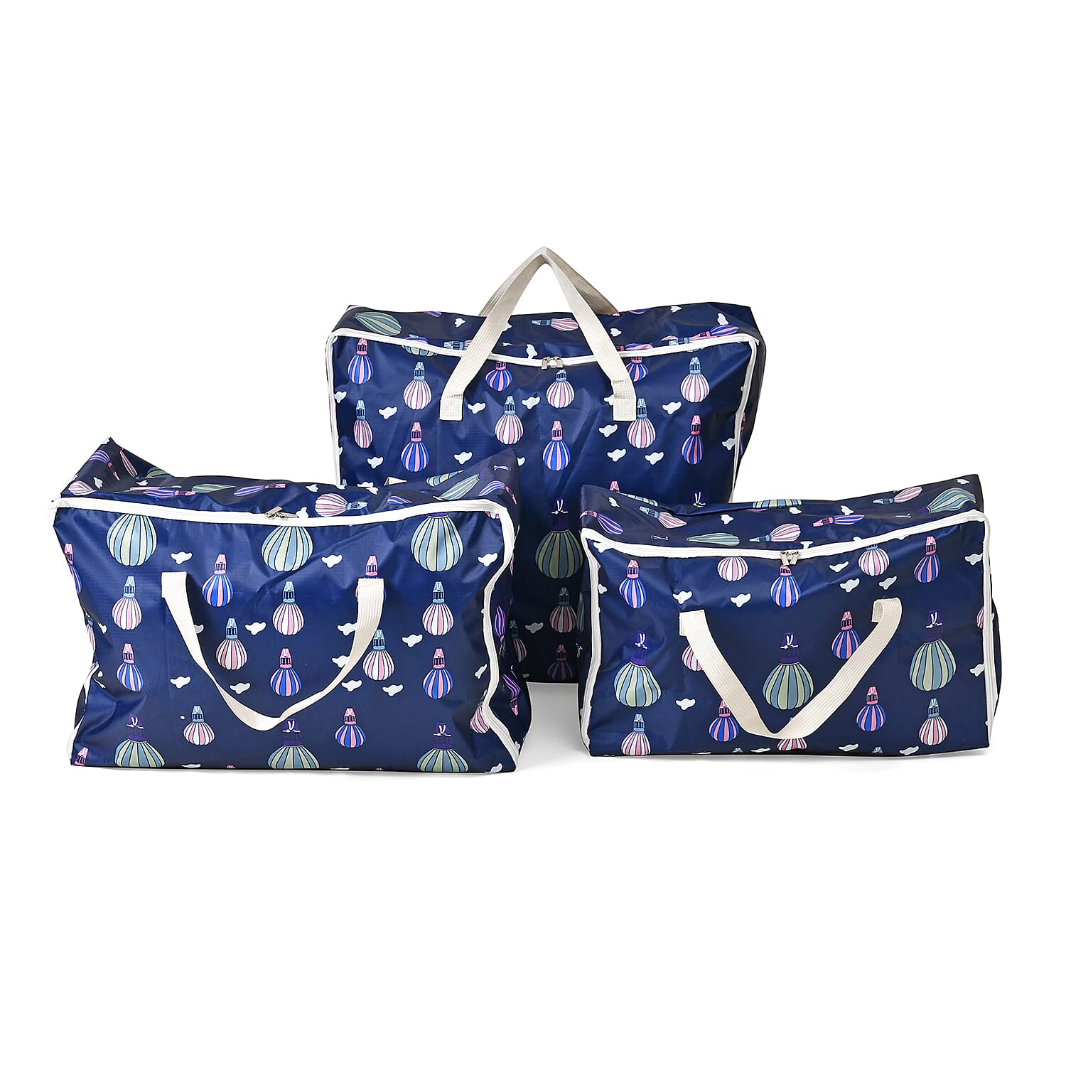 Set of 3 Hot Air Balloon Printed Storage Bags - Navy