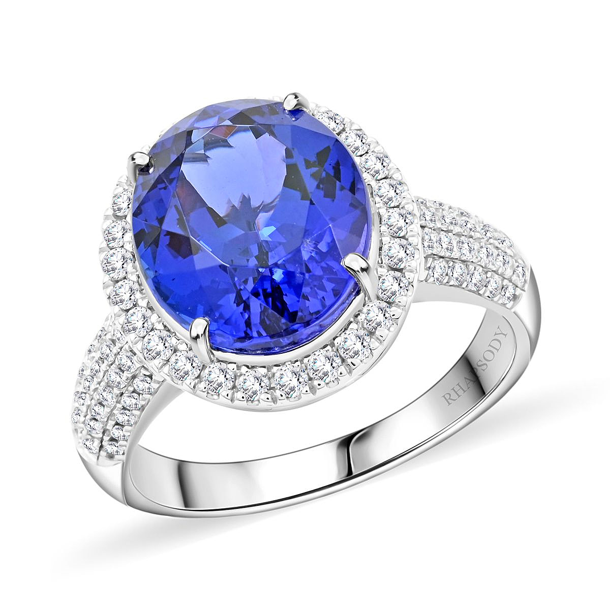 RHAPSODY 950 Platinum AGI Certified & Appraised AAAA Tanzanite (Ovl 7.43Cts) and Diamond (0.72Cts) Ring 8.15 Ct, Platinum Wt. 9.24 Gms
