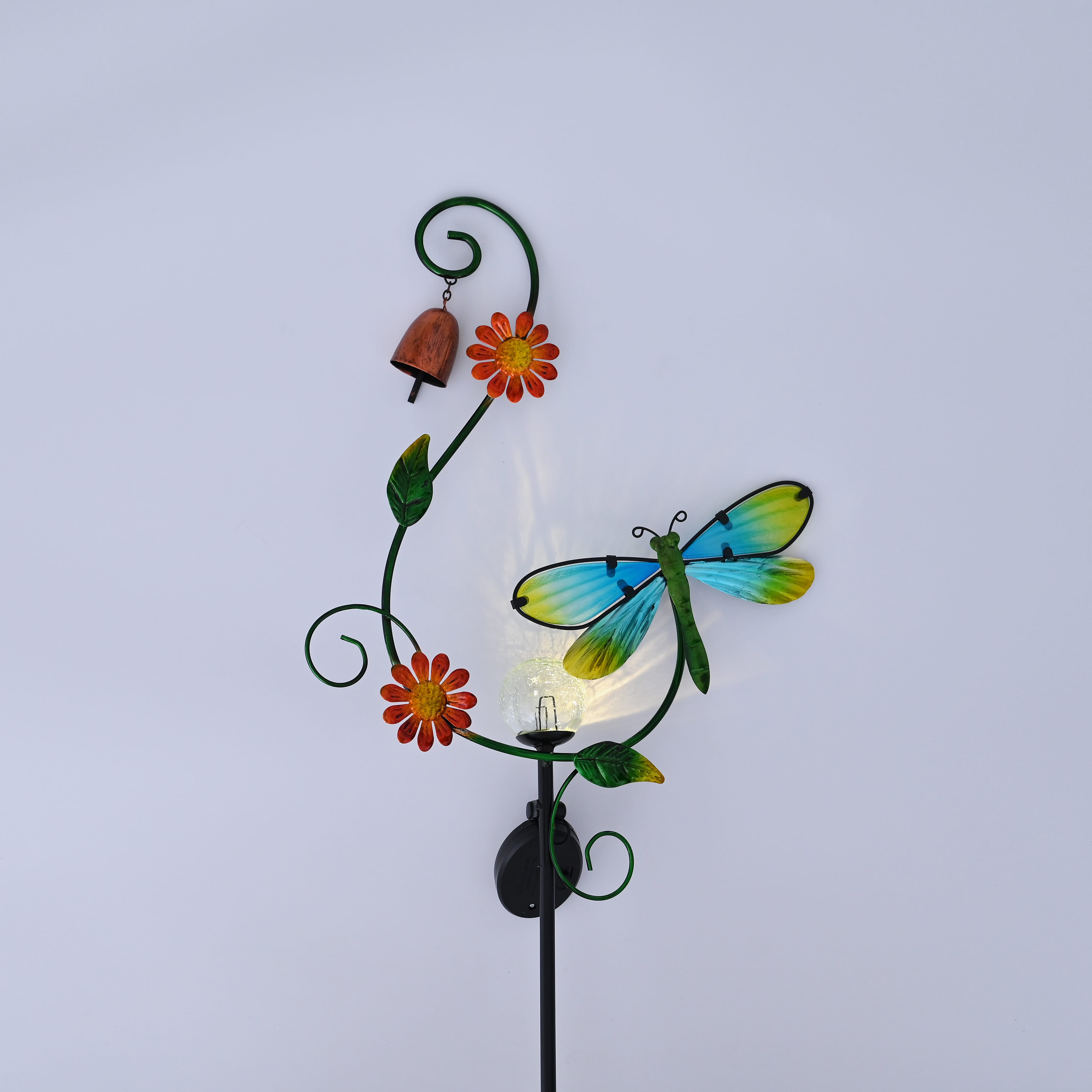 Solar Dragonfly With Cracking Glass Ball Wind Bell Stake Decoration - Multi Color