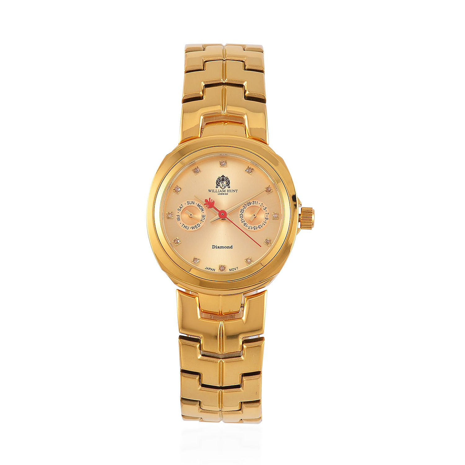 William Hunt - Champagne Diamond Studded Japan Movt. 5ATM Water Resistant Watch with Golden Stainless Steel Chain Strap