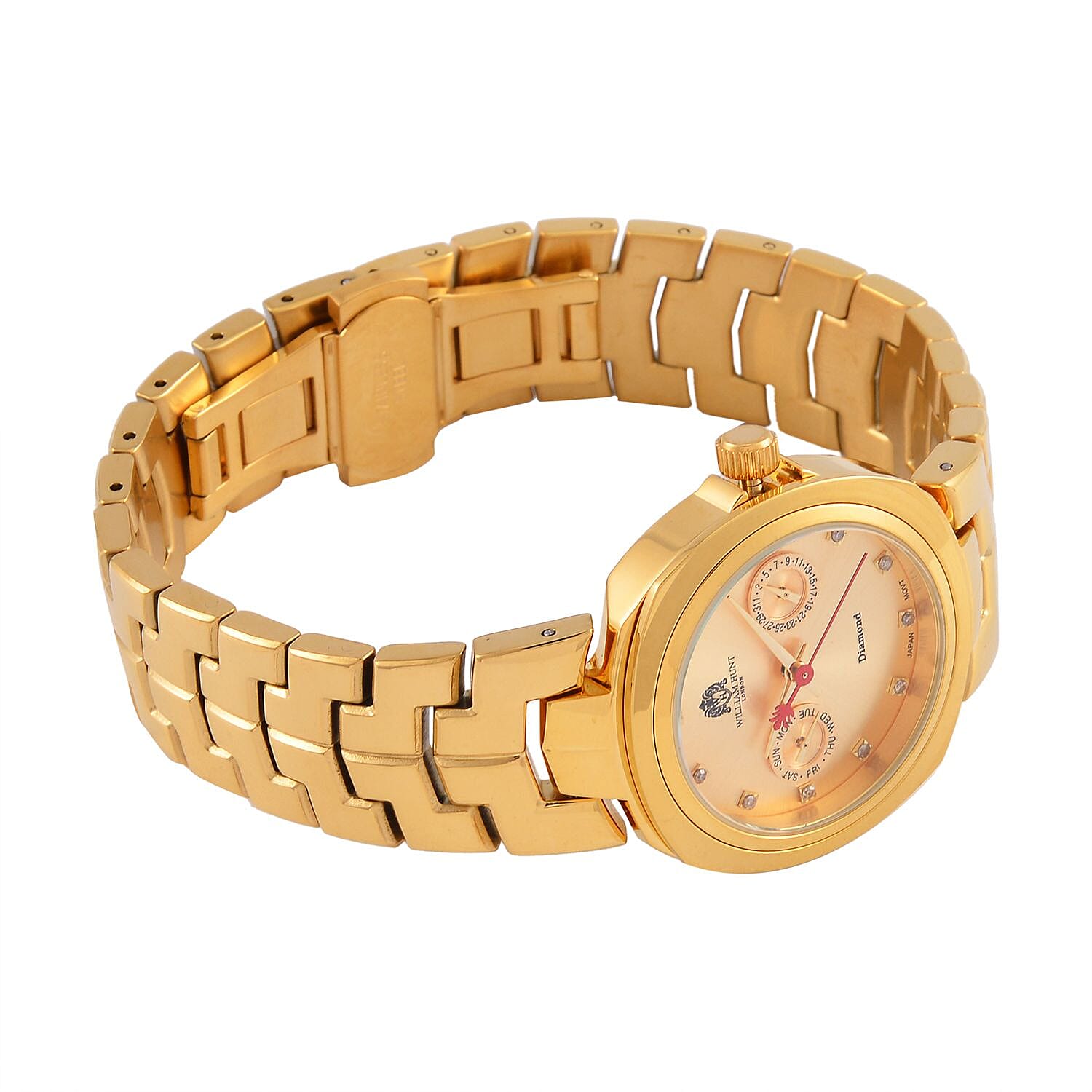 William Hunt - Champagne Diamond Studded Japan Movt. 5ATM WR Watch with Golden Stainless Steel Chain Strap