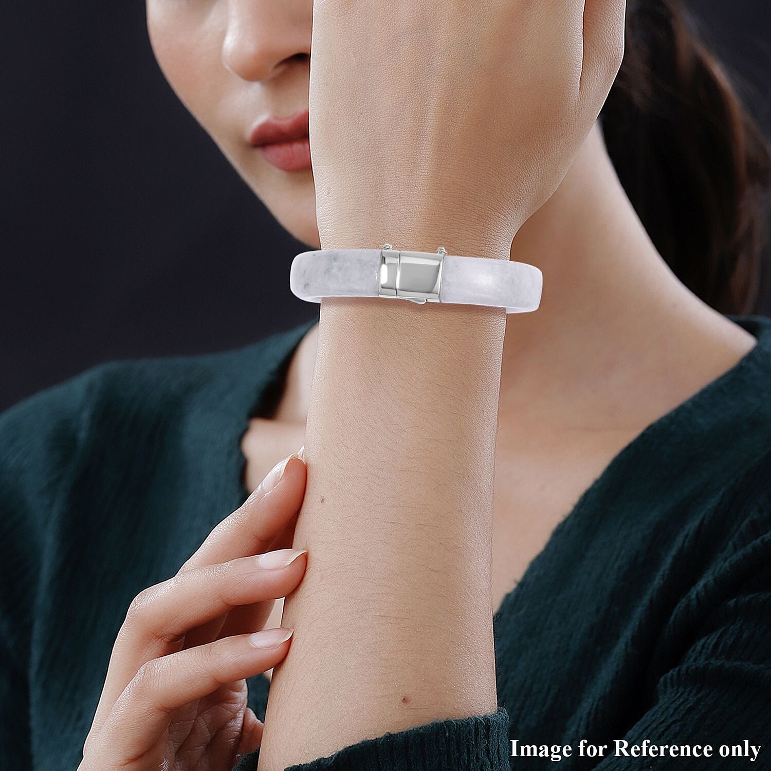 White Jade Bangle in Rhodium Overlay Sterling Silver 270.00 ct, Silver Wt. 8 Gms 270.000 Ct.