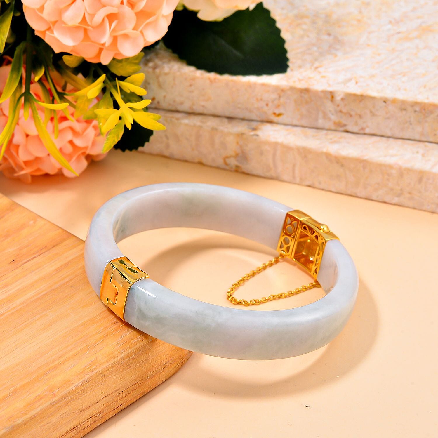 Natural Jadeite Jade Carved Hinged Bangle in 18K Gold Vermeil Plated Sterling Silver 235 Ct (Size 7.5)