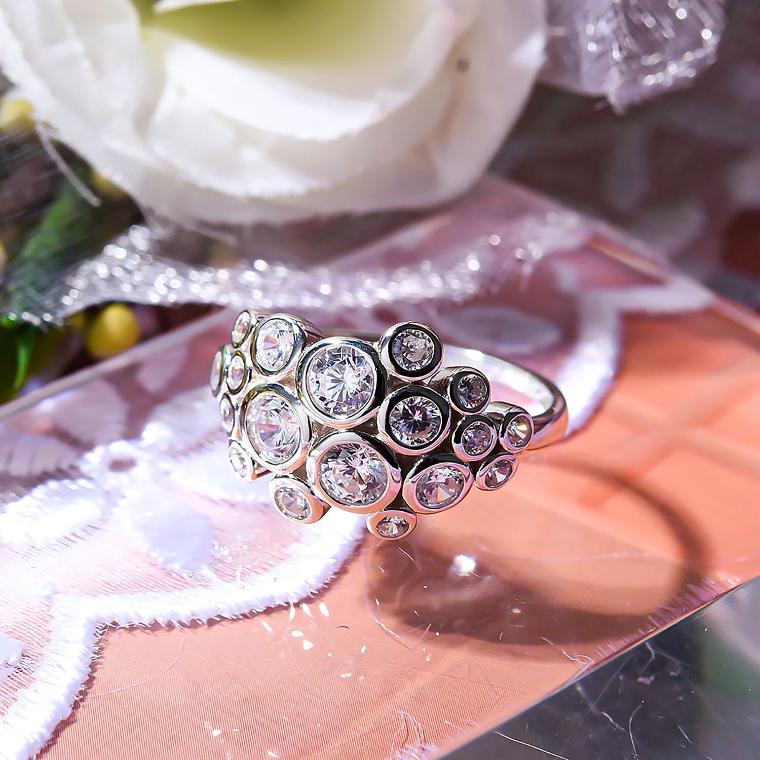 Designer Inspired Cubic Zirconia Bubble Ring in Rhodium Overlay Sterling Silver