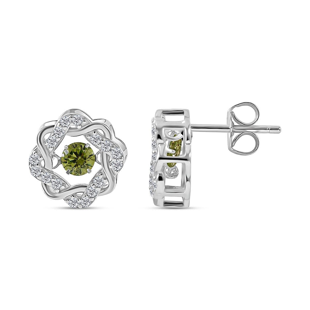 Green & White Cubic Zirconia Earrings in Rhodium Overlay Sterling Silver 1.58 Ct
