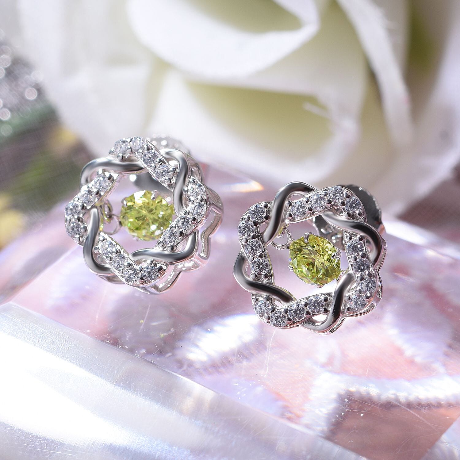 Green & White Cubic Zirconia Earrings in Rhodium Overlay Sterling Silver 1.58 Ct