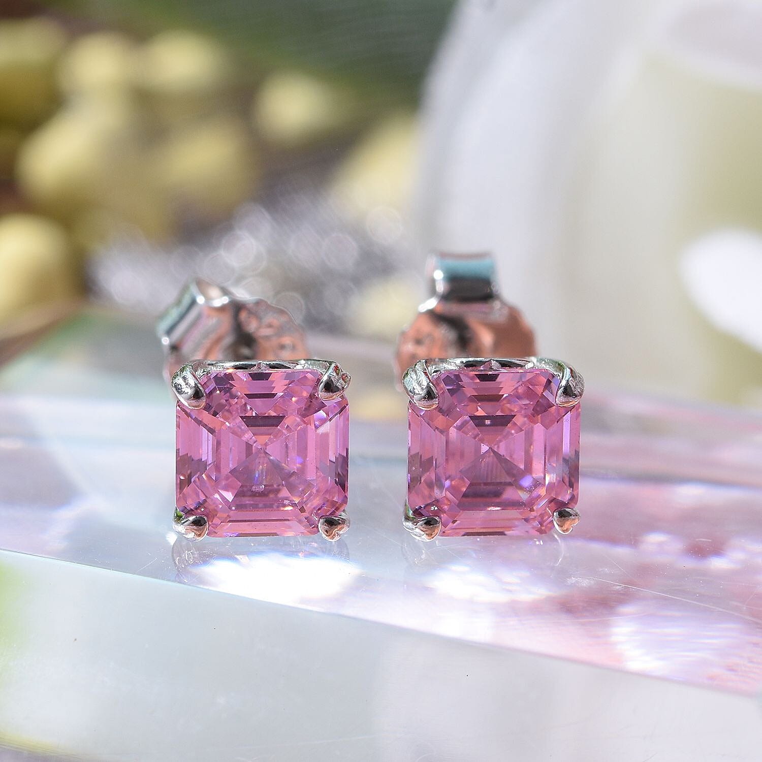 NY Close Out - Pink & White Cubic Zirconia Stud Earrings in Rhodium Overlay Sterling Silver 3.62 Ct.