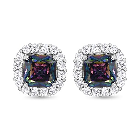 Mystic Cubic Zirconia & White Cubic Zirconia Stud Halo Earrings in Rhodium Overlay Sterling Silver