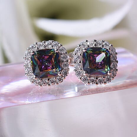 Mystic Cubic Zirconia & White Cubic Zirconia Stud Halo Earrings in Rhodium Overlay Sterling Silver