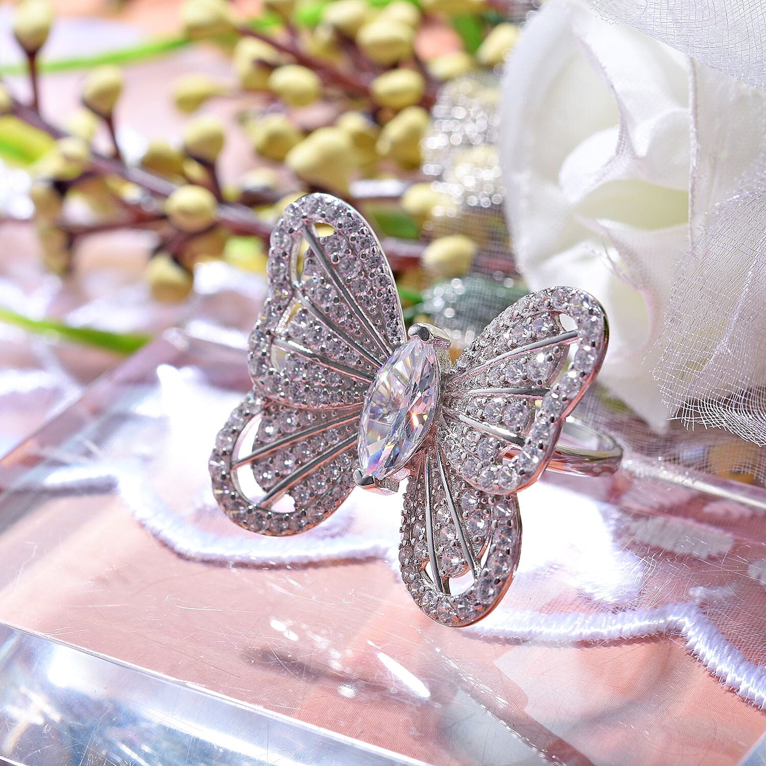 Designer Inspired - Cubic Zirconia Butterfly Ring in Rhodium Overlay Sterling Silver, Silver Wt. 6.00 Gms
