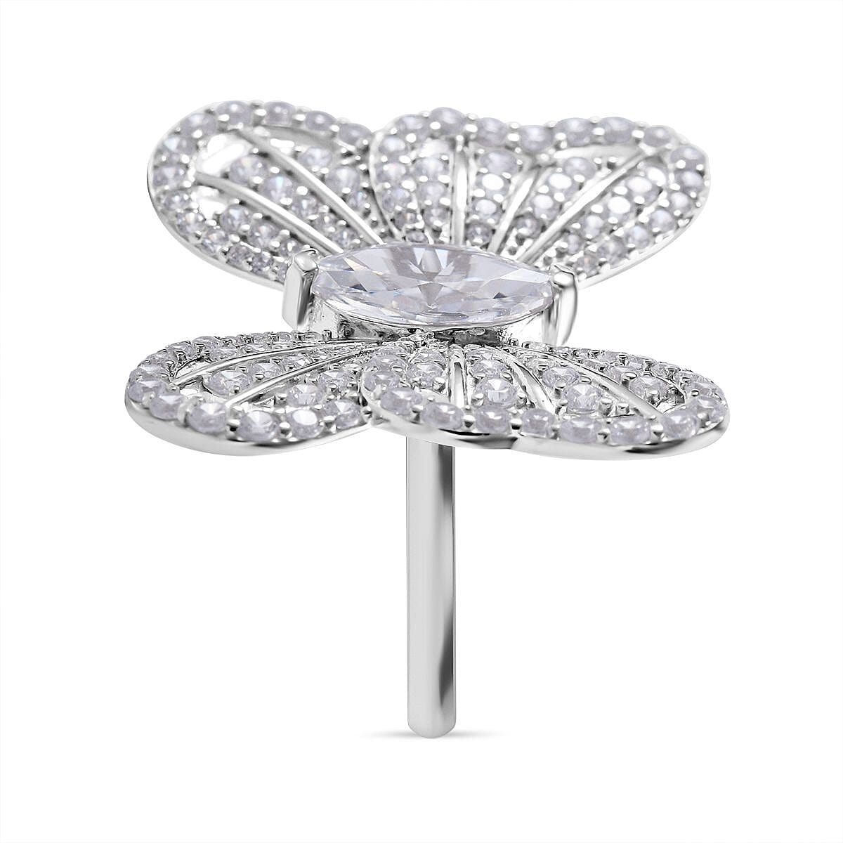 Designer Inspired - Cubic Zirconia Butterfly Ring in Rhodium Overlay Sterling Silver, Silver Wt. 6.00 Gms