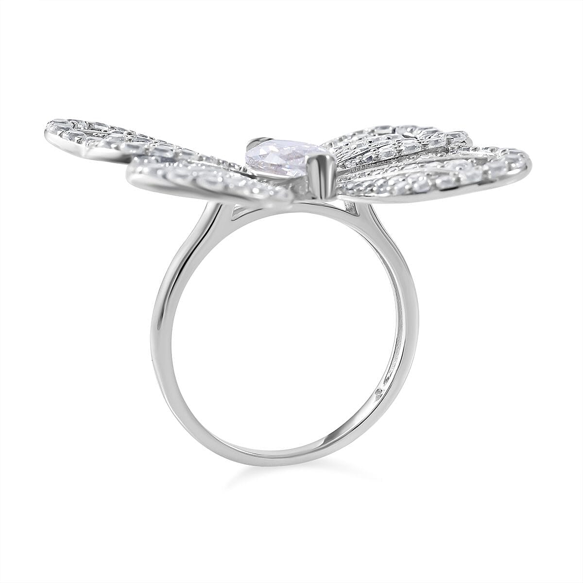 Designer Inspired - Cubic Zirconia Butterfly Ring in Rhodium Overlay Sterling Silver, Silver Wt. 6.00 Gms