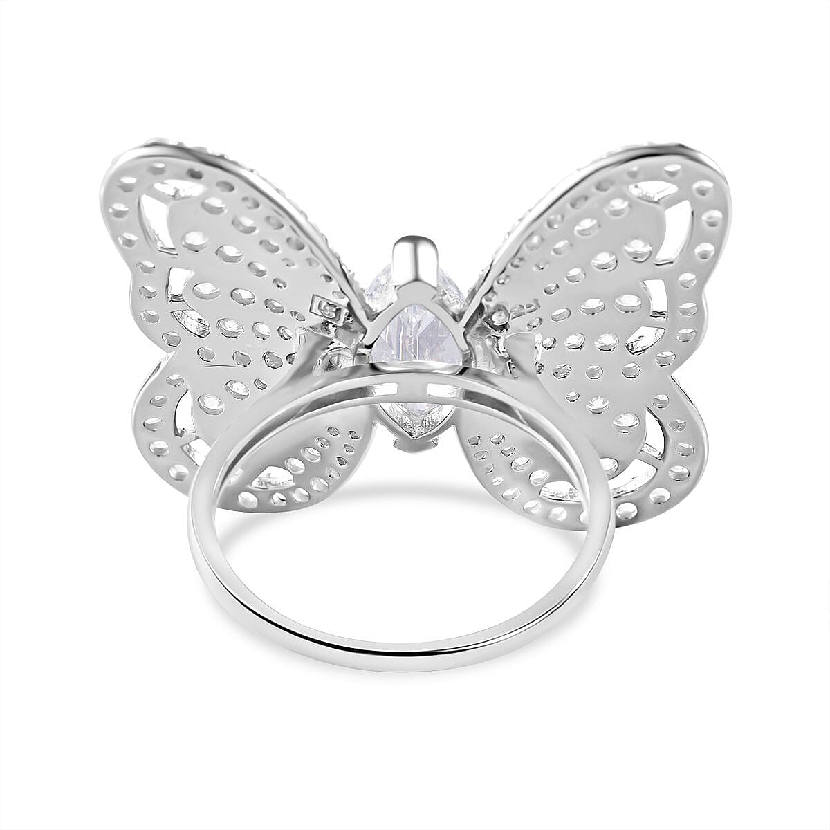 Designer Inspired - Cubic Zirconia Butterfly Ring in Rhodium Overlay Sterling Silver, Silver Wt. 6.00 Gms