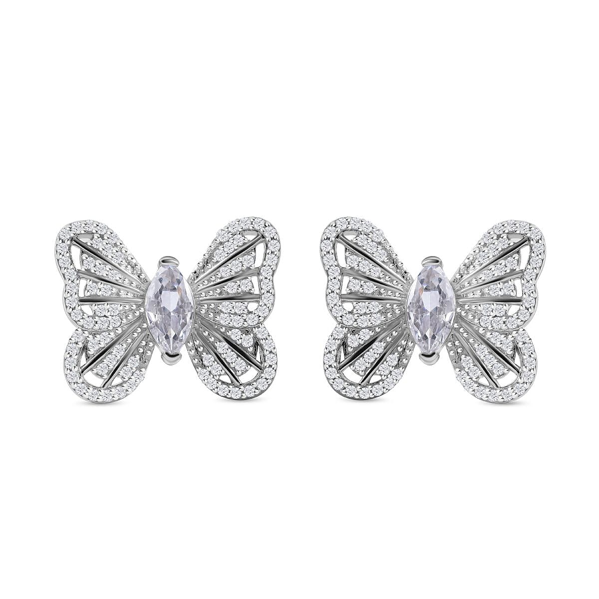 Designer Inspired - Cubic Zirconia Butterfly Stud Earrings in Rhodium Overlay Sterling Silver