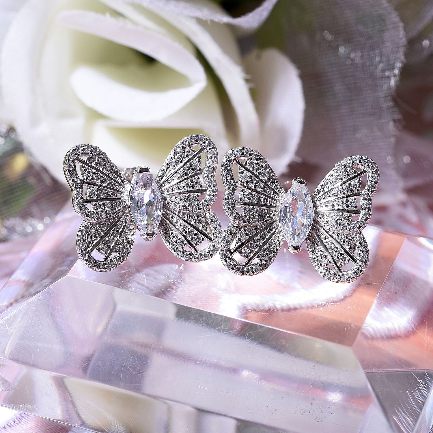 Designer Inspired - Cubic Zirconia Butterfly Stud Earrings in Rhodium Overlay Sterling Silver
