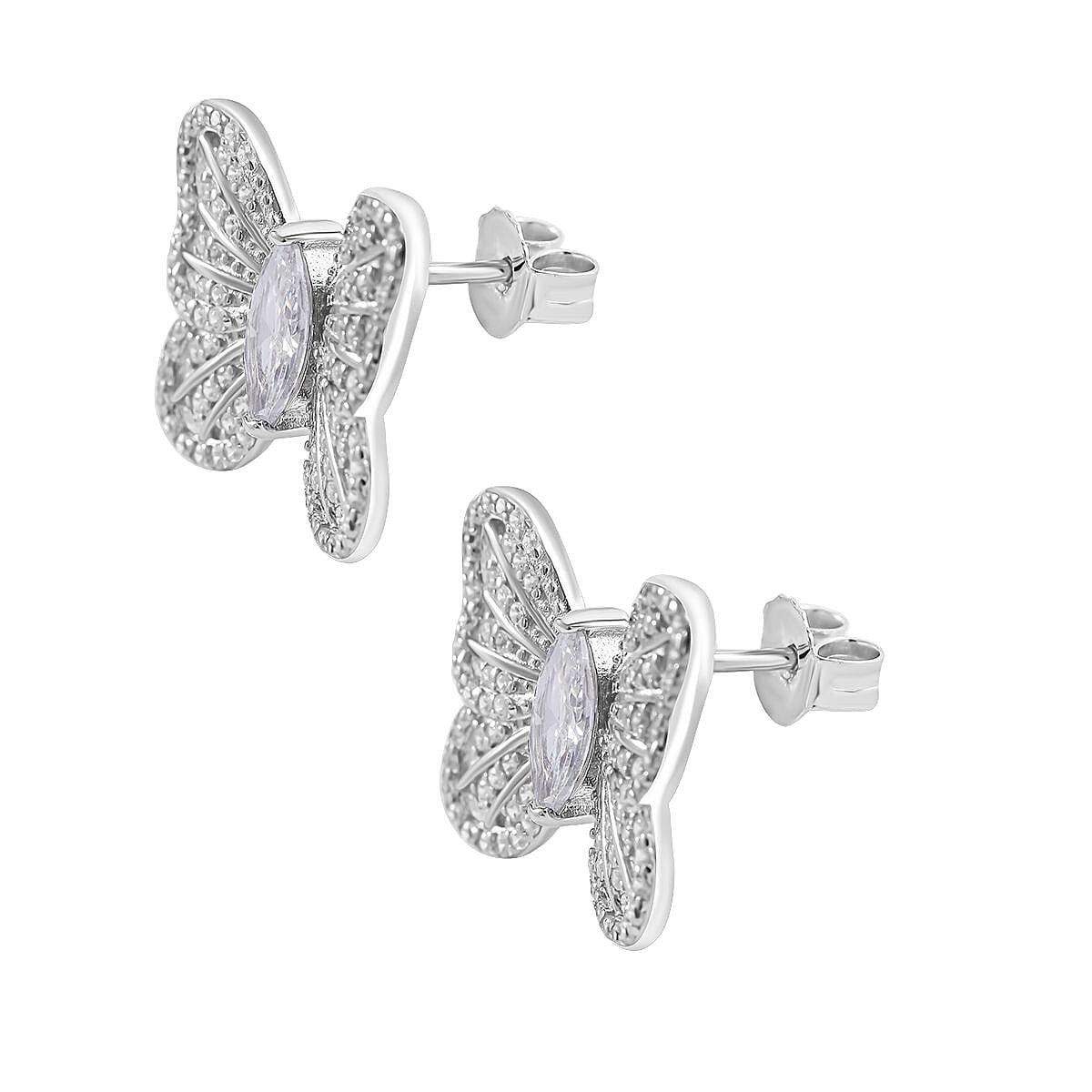 Designer Inspired - Cubic Zirconia Butterfly Stud Earrings in Rhodium Overlay Sterling Silver