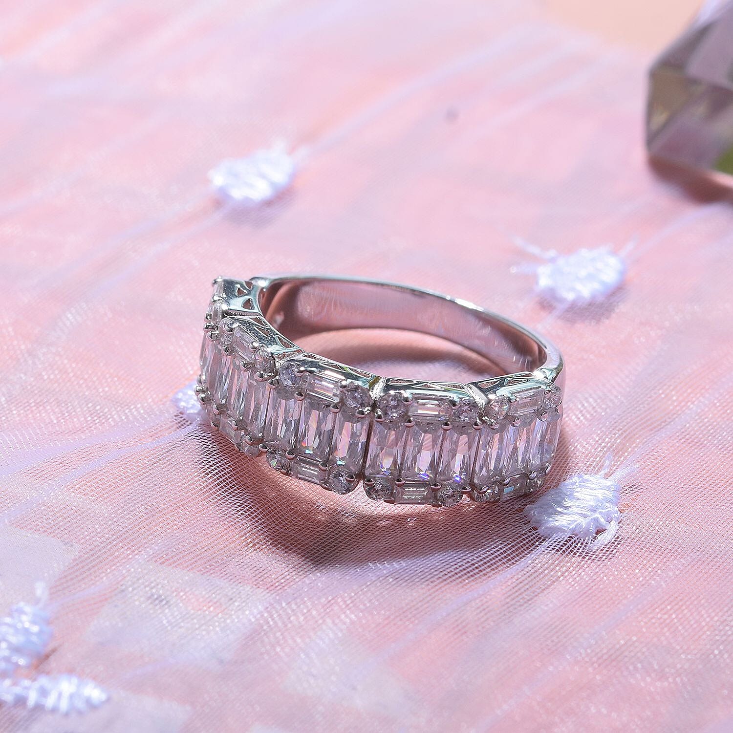 Cubic Zirconia Half Eternity Ring in Rhodium Overlay Sterling Silver