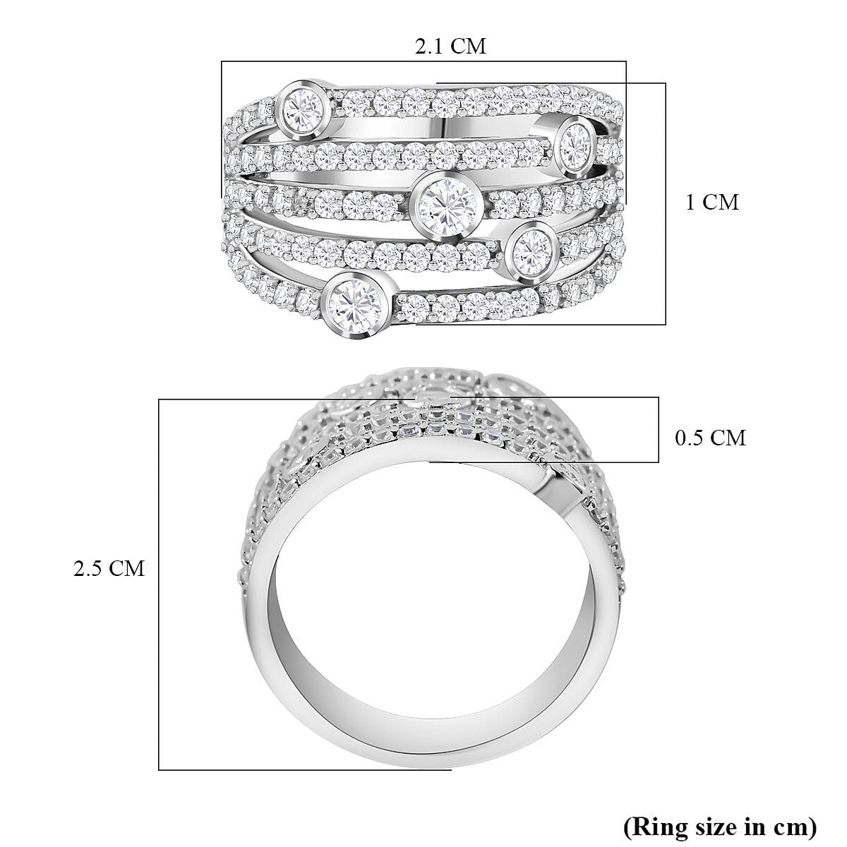 Red Carpet Collection - Zirconia Multi Row Bubble Ring in Rhodium Overlay Sterling Silver, Silver Wt. 5.70 Gms Red Carpet Collection - Zirconia Multi Row Bubble Ring in Rhodium Overlay Sterling Silver, Silver Wt. 5.70 Gms
