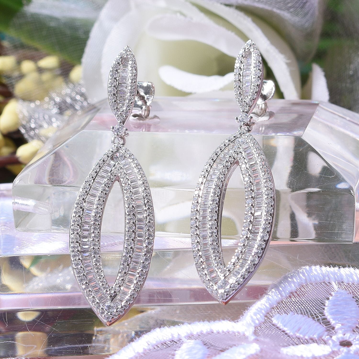 Lustro Stella - Designer Close Out- Cubic Zirconia Dangle Earrings in Rhodium Overlay Sterling Silver