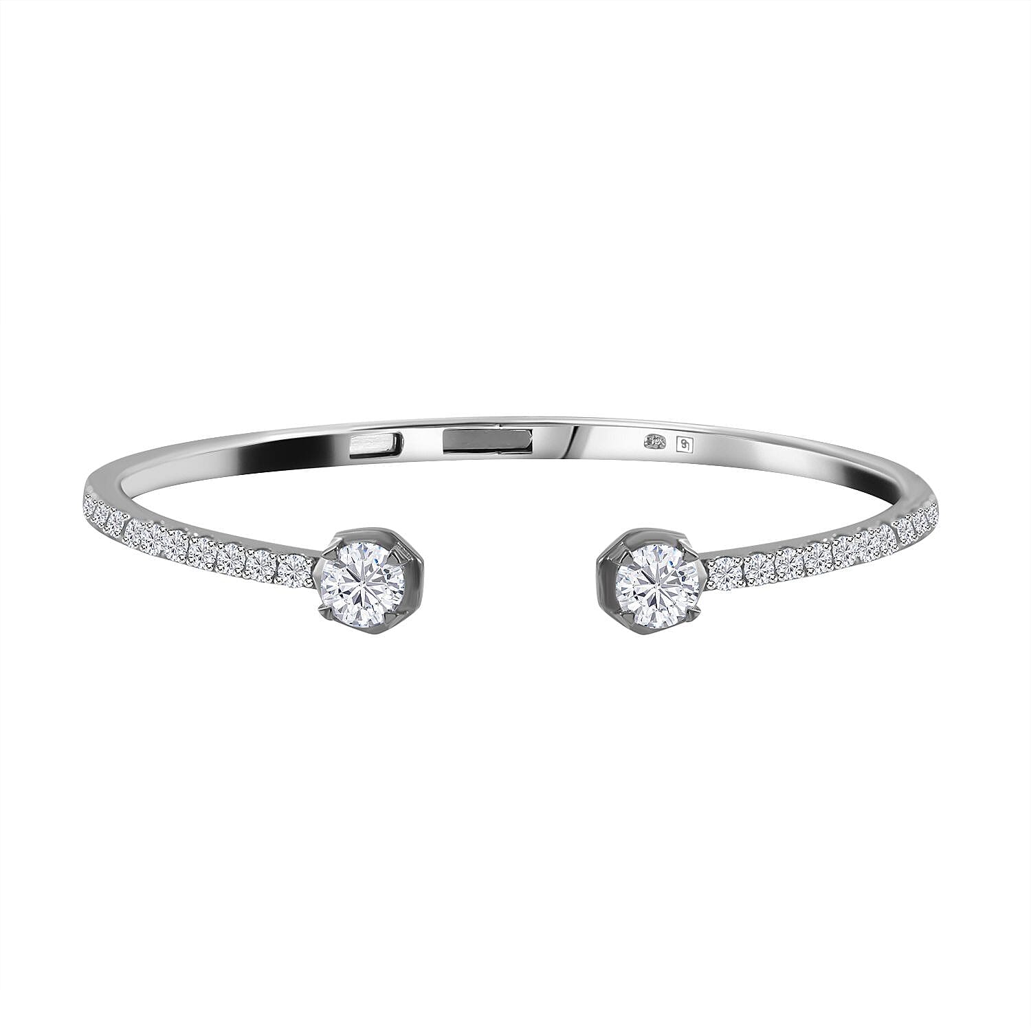 Lustro Stella - Cubic Zirconia Cuff Bangle (Size 7.5) in Rhodium Overlay Sterling Silver, Silver Wt. 13.50 GM