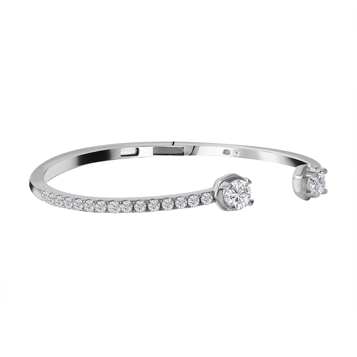 Lustro Stella - Cubic Zirconia Cuff Bangle (Size 7.5) in Rhodium Overlay Sterling Silver, Silver Wt. 13.50 GM