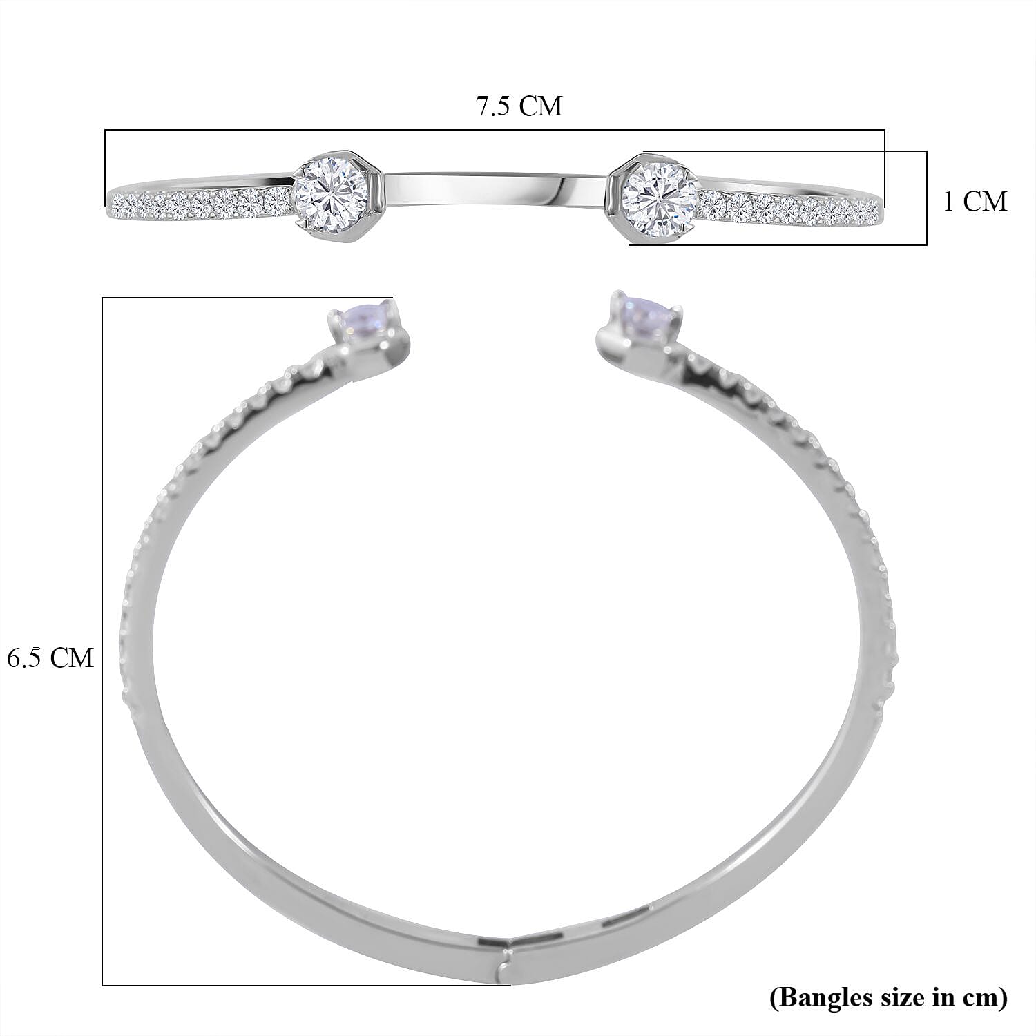 Lustro Stella - Cubic Zirconia Cuff Bangle (Size 7.5) in Rhodium Overlay Sterling Silver, Silver Wt. 13.50 GM