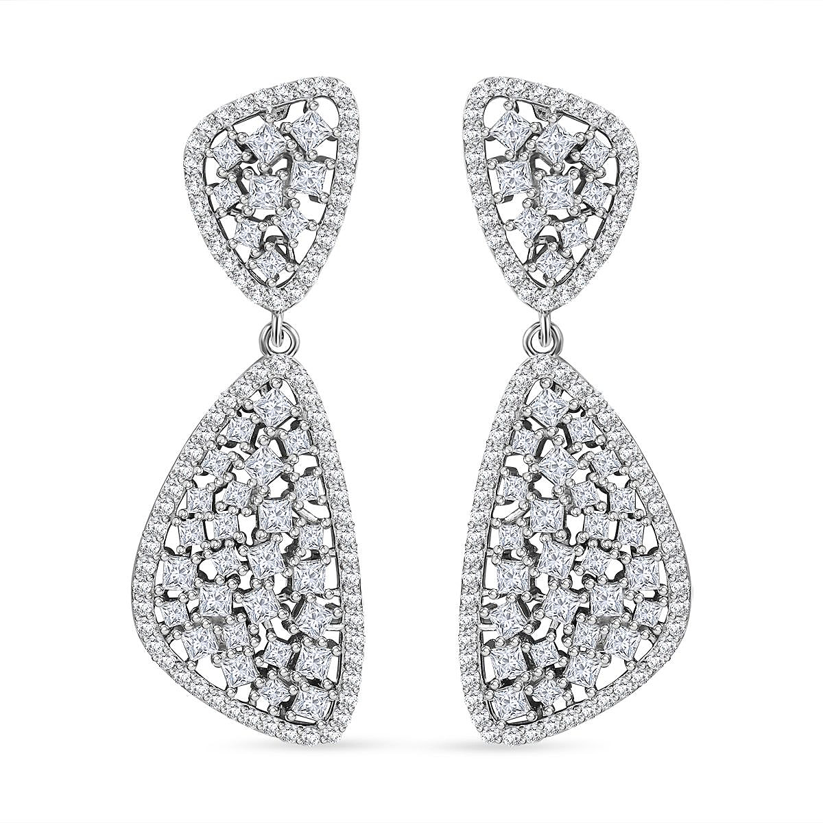 NY Closeout - Zirconia Dangle Earrings in Rhodium Overlay Sterling Silver, Silver Wt. 7.00 Gms