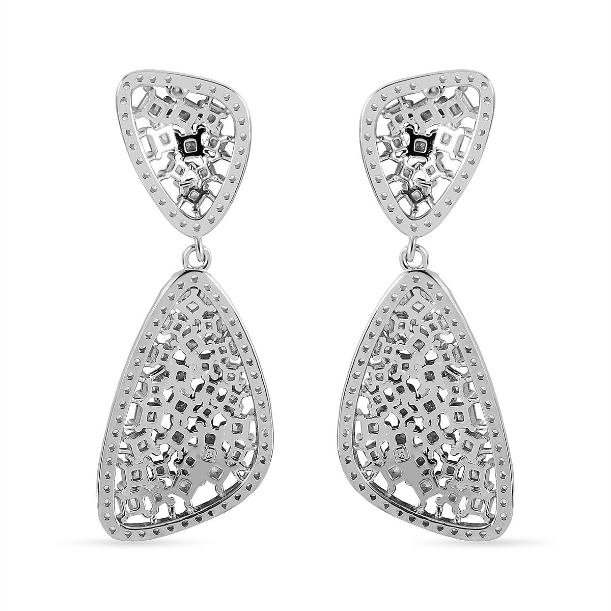 NY Closeout - Zirconia Dangle Earrings in Rhodium Overlay Sterling Silver, Silver Wt. 7.00 Gms
