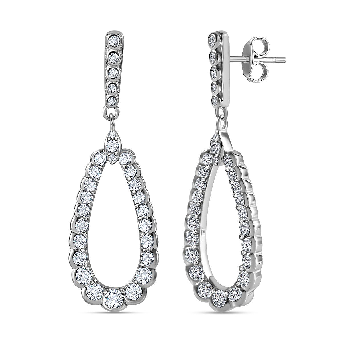 Cubic Zirconia Dangle Earrings in Rhodium Overlay Sterling Silver, Silver Wt. 5.00 Gms