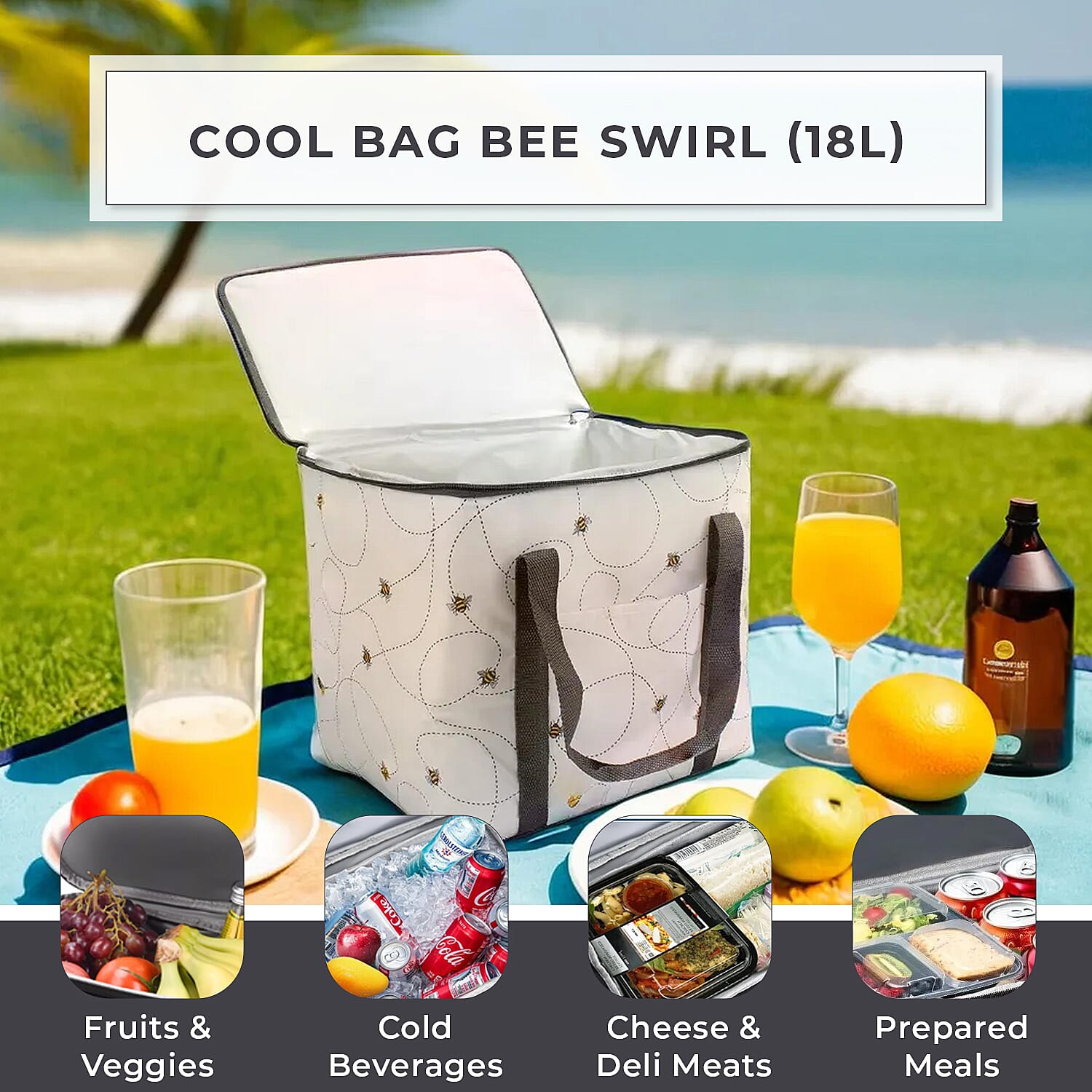 Bee Swirl Pattern Cool Bag (18L) - White