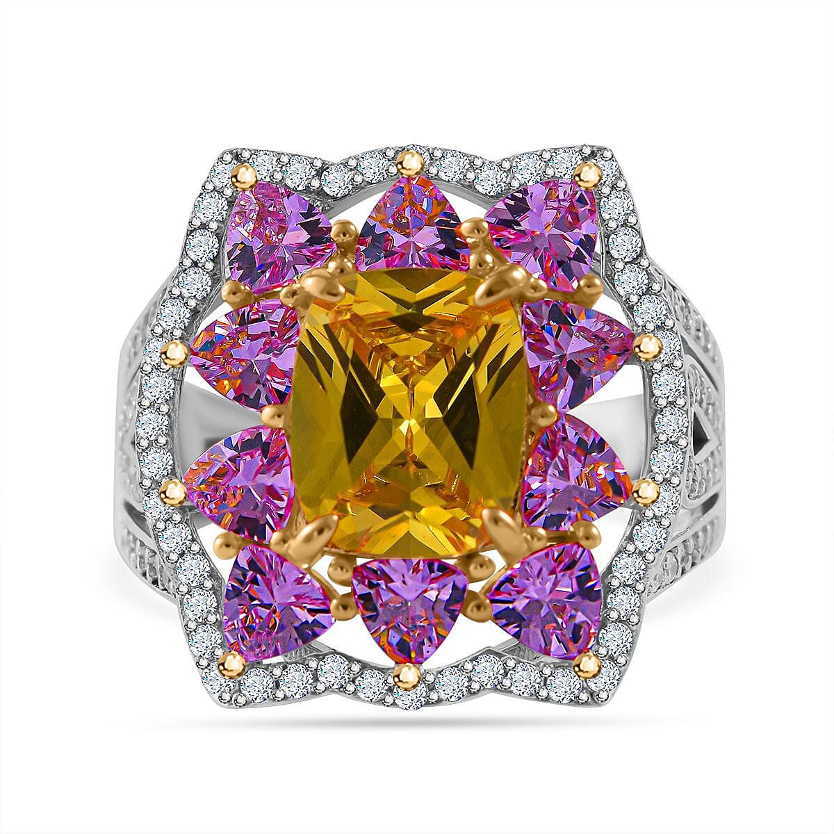 Multicolour Cubic Zirconia Cluster Ring in Rhodium Overlay Sterling Silver 9.04 Ct